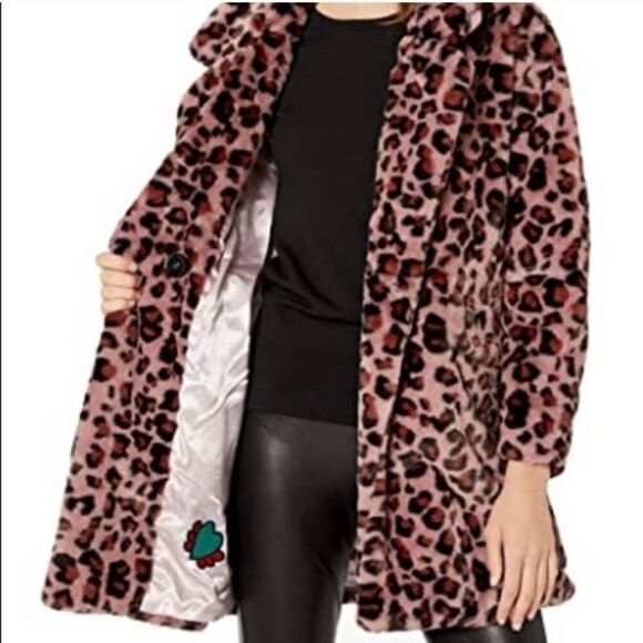 NEW‎ Steve Madden faux fur vegan pink leopard mob wife jacket coat M - Picture 10 of 12